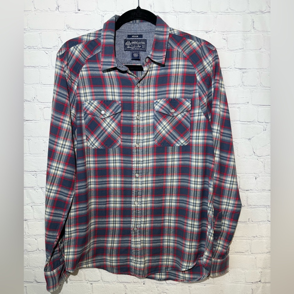 American Rag size medium red & blue plaid pearl snap
